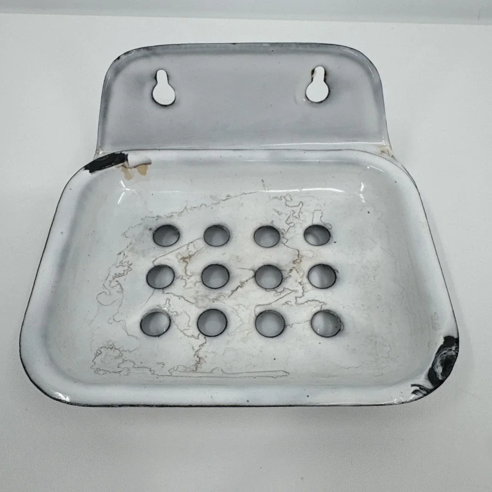 Antique Enamel 2 Piece Ware soap dish Blue White Primitive Farmhouse Victorian